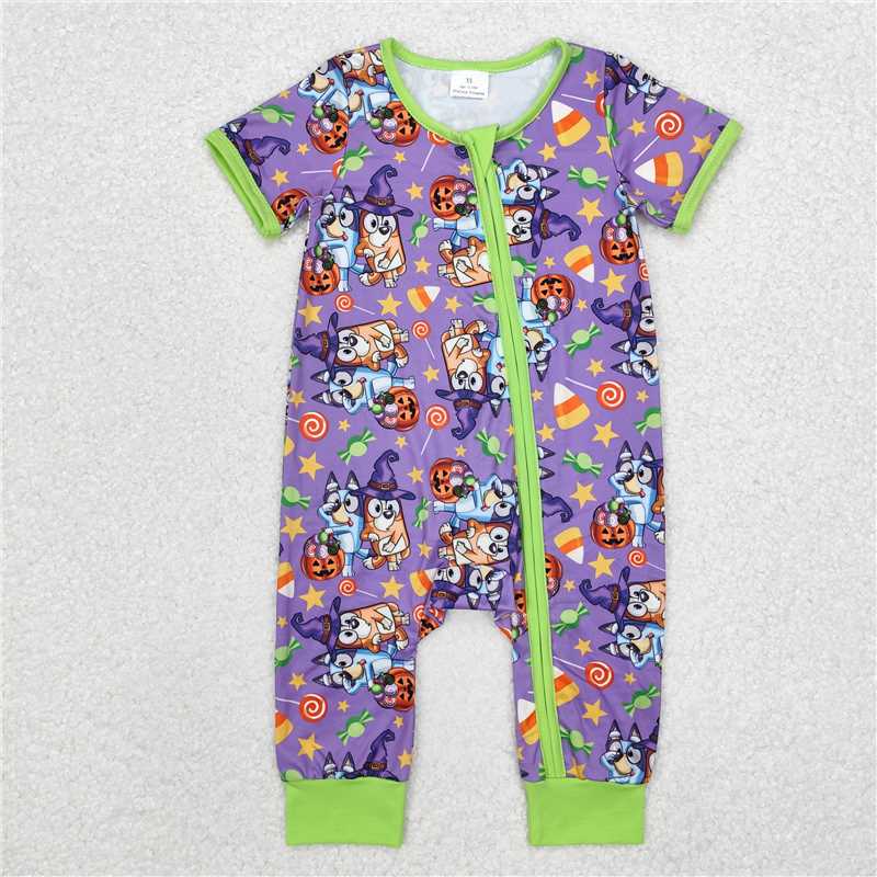 SR1803 Baby Infant Boys Dog Halloween Purple Bamboo Zip Sleepers Rompers