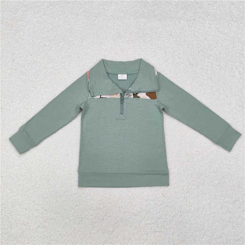 BT0796 Baby Boys Camo Dog Ducks Long Sleeve Zip Pullovers Tops