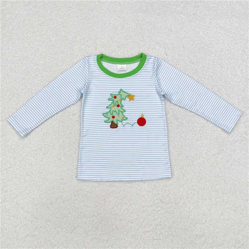 12.12 RTS NO MOQ (In stock)BT0809 Baby Boys Christmas Blue Stripes Tree Tee Shirts Tops