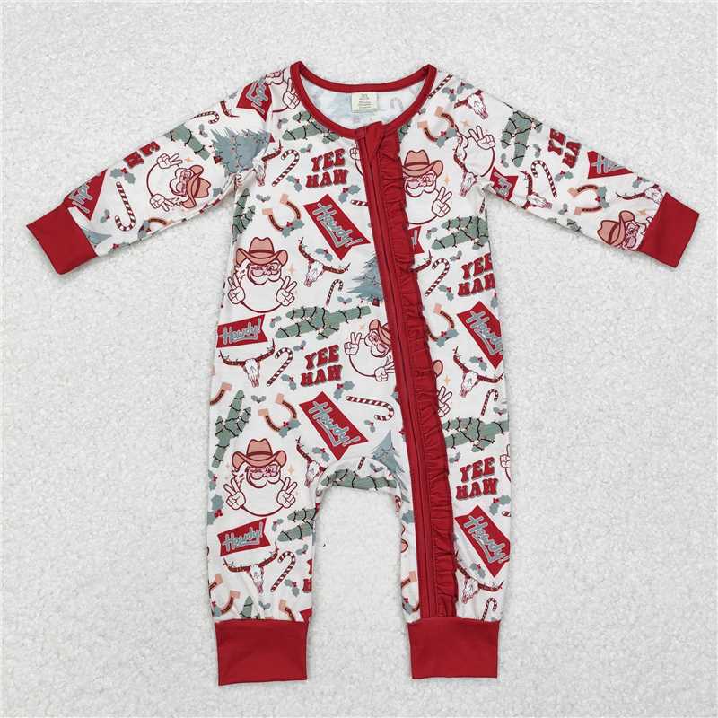 LR1277Santa cactus Christmas tree ruffle baby girls zipper romper