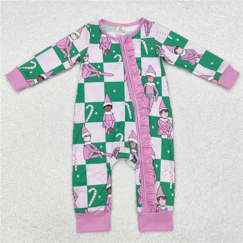 LR1818Pink Christmas hat plaid baby girls zipper romper