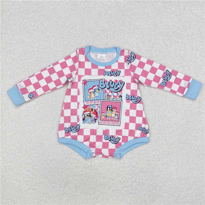 LR1764Long sleeves pink plaid dog baby girls Christmas romper