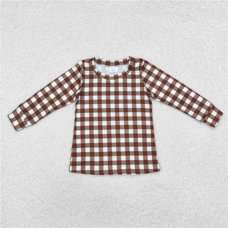 BT0853 Baby Boys Brown Checkered Long Sleeve Tee Shirts Tops