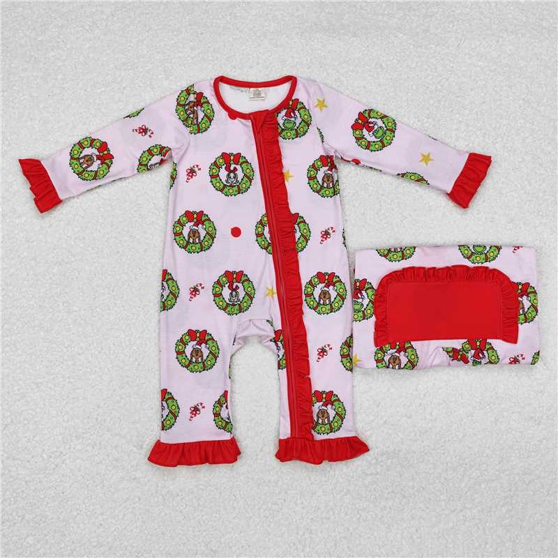 LR1664Pink green face ruffle baby girl Christmas zipper romper