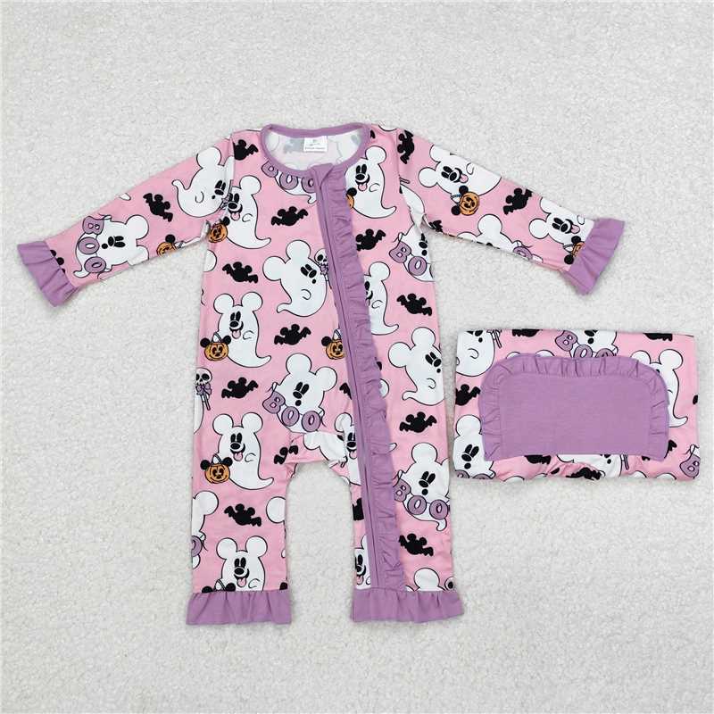 LR1424Pink ghost pumpkin bat baby girls Halloween zipper romper
