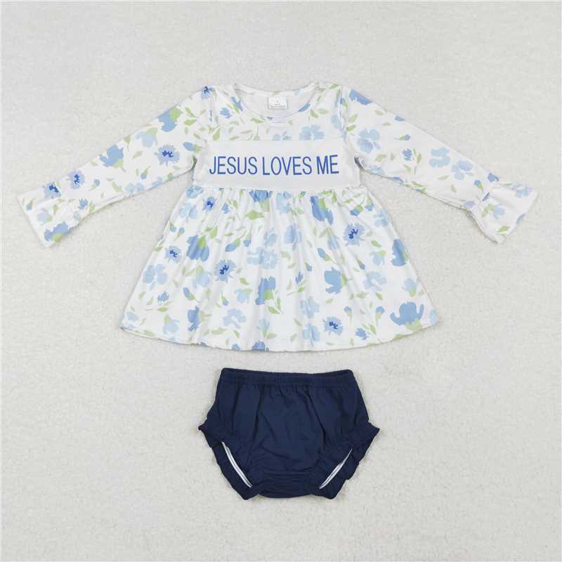 GBO0435 Baby Girls Flowers Jesus Loves Me Top Bummies Clothes Sets