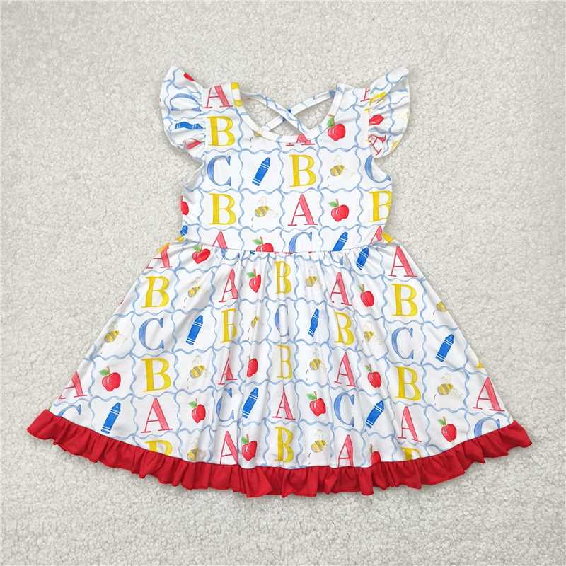 12.27 RTS NO MOQ (In stock)GSD2258 Baby Girls Flutter Sleeves Colorful Pencils Apples Knee Length Dresses