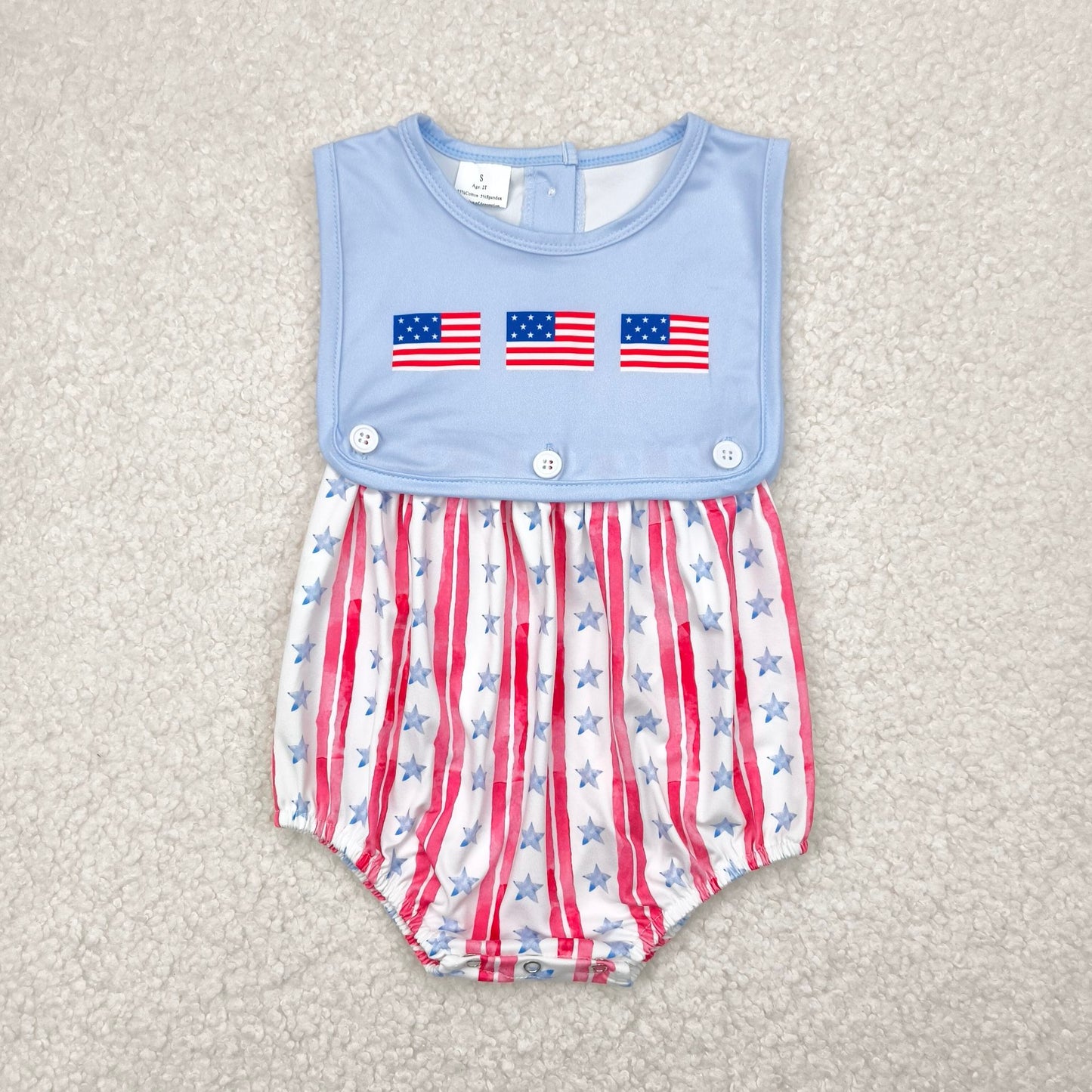 1.5 RTS NO MOQ (In stock)SR3049 4th of July Baby Boys Sleeveless Flags Red Stripe Stars 4th Of July Rompers
