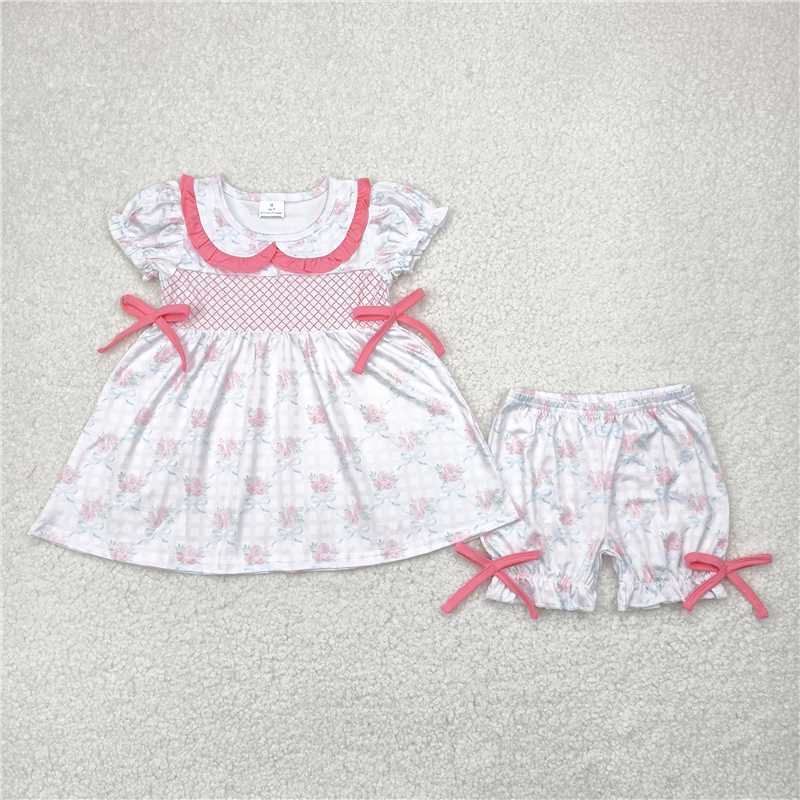 12.19 RTS NO MOQ (In stock)Matching GSSO2368 Baby Girls Pink Short Sleeves Floral Bows Tunic Ruffle Shorts Clothes Sets