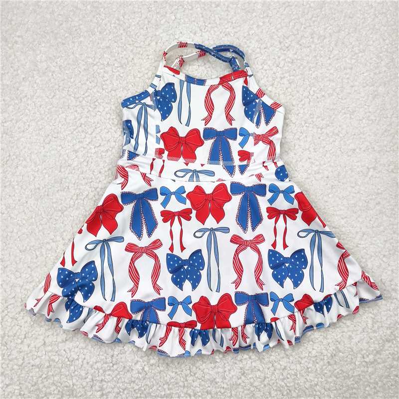 1.5 RTS NO MOQ (In stock)GSD2345 4th of July Baby Girls Strap Blue Red Bows 4th Of July Yoga Active Knee Length Dresses
