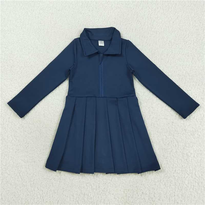 12.2 RTS NO MOQ (In stock)Matching GLD1151 Baby Girls Navy Long Sleeves Zipper Yoga Knee Length Dresses