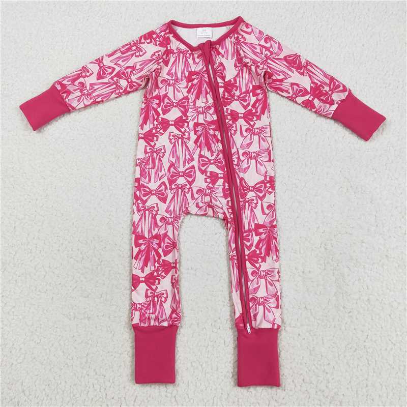 11.19 RTS NO MOQ (In stock)Matching LR2365 Baby Girls Long Sleeves Pink Bows Zipper Footie Rompers