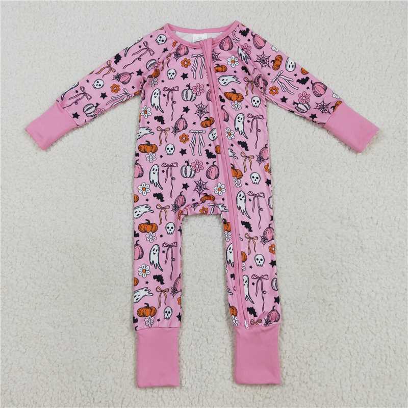 11.10 RTS NO MOQ (In stock)Matching Halloween LR2405 Baby Girls Pink Ghost Pumpkins Halloween Zipper Footie Rompers