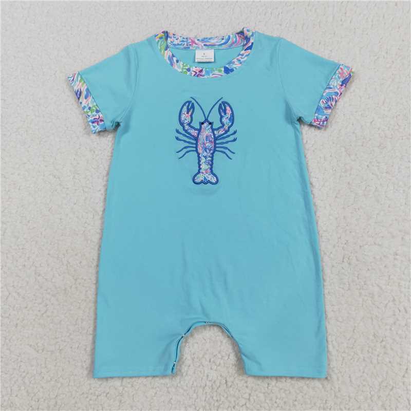 12.27 RTS NO MOQ (In stock)Matching SR3044 Embroidery Baby Boys Blue Short Sleeves Crayfish Rompers