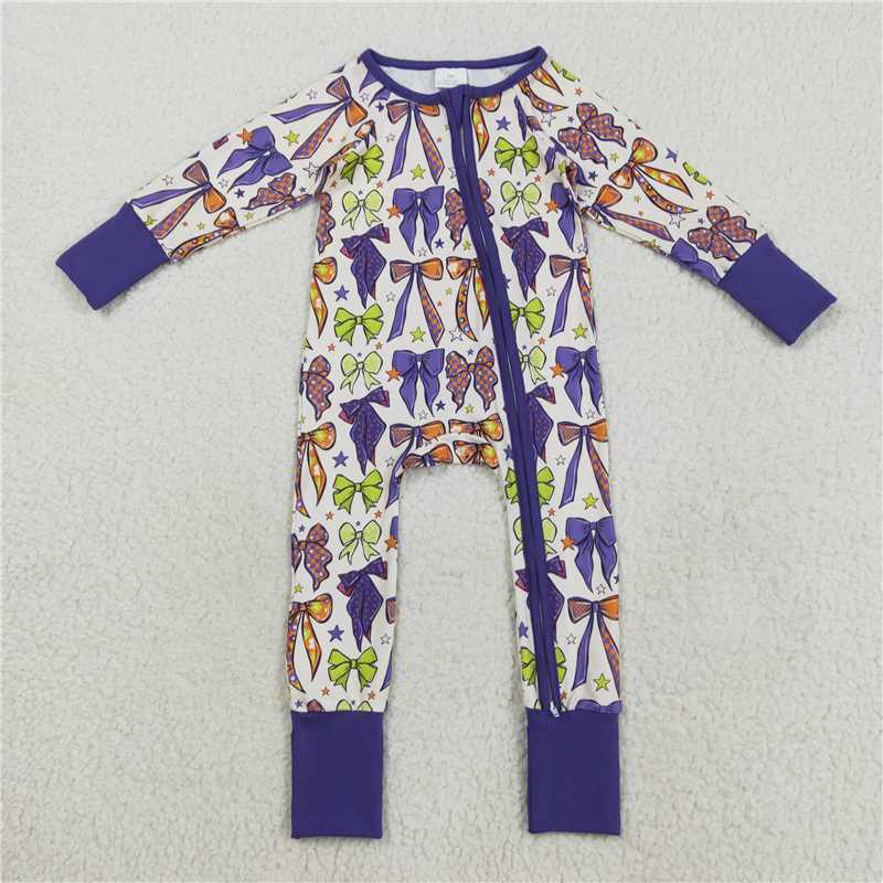 11.19 RTS NO MOQ (In stock)Matching LR2403 Baby Girls Long Sleeves Purple Bows Zipper Footie Rompers