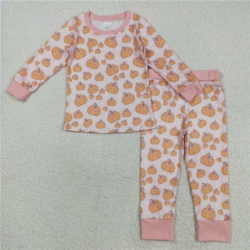 11.10 RTS NO MOQ (In stock) Matching GLP2416 Baby Girls Pink Bows Pumpkins Top Pant Fall Pajamas Set