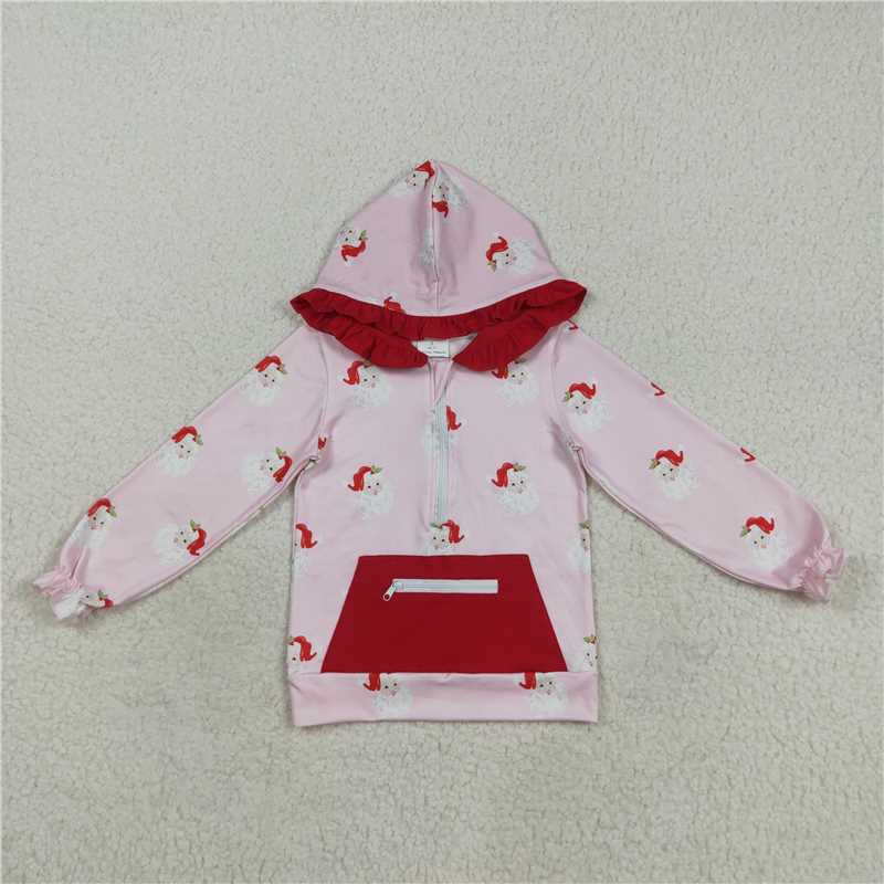11.19 RTS NO MOQ (In stock)GT1047 Baby Girls Pink Long Sleeves Santa Pocket Zipper Hoodies Top