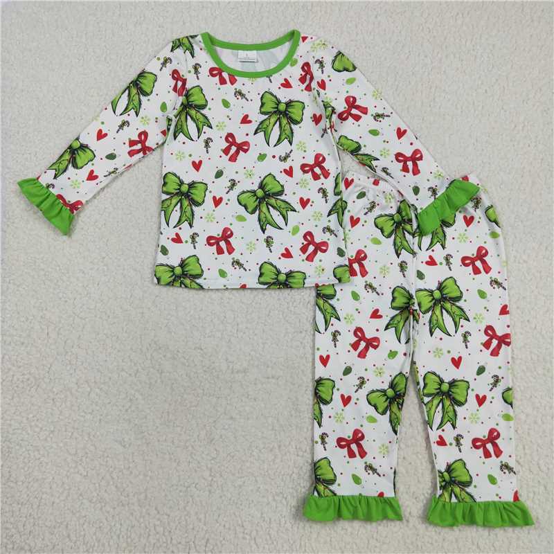 12.5 RTS NO MOQ (In stock)Matching Christmas GLP2628 Baby Girls Christmas Green Red Bows Hearts Top Pant Pajamas Sets