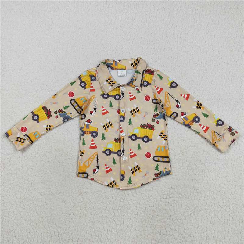 12.12 RTS NO MOQ (In stock)BT1254 Baby Boys Christmas Hats Excavators Button Shirts Top