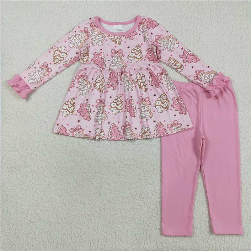 12.5 RTS NO MOQ (In stock)GLP2471 Baby Girls Pink Christmas Trees Bows Tunic Legging Pant Clothes Set