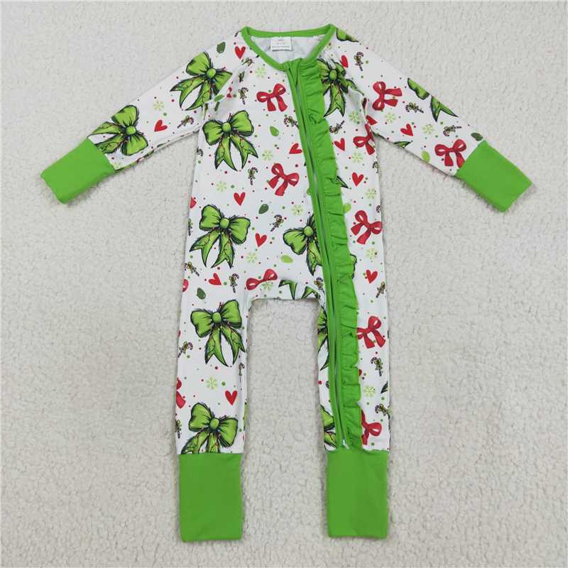 11.27 RTS NO MOQ (In stock)LR2482 Baby Girls Green Red Bows Hearts Christmas Ruffle Zipper Footie Rompers