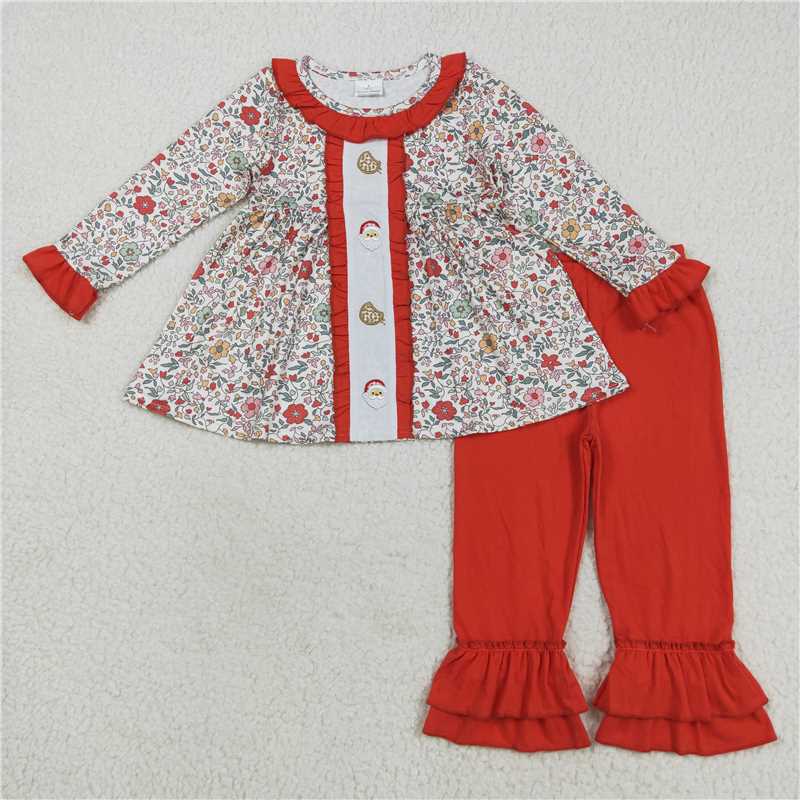12.3 RTS NO MOQ (In stock)Matching Christmas GLP2365 Embroidery Santa Cookie Baby Girls Red Floral Tunic Ruffle Pants Christmas Set