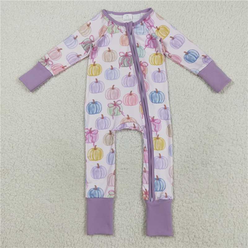 11.10 RTS NO MOQ (In stock)Matching LR2442 Baby Girls Colorful Bows Pumpkins Fall Zipper Footie Rompers