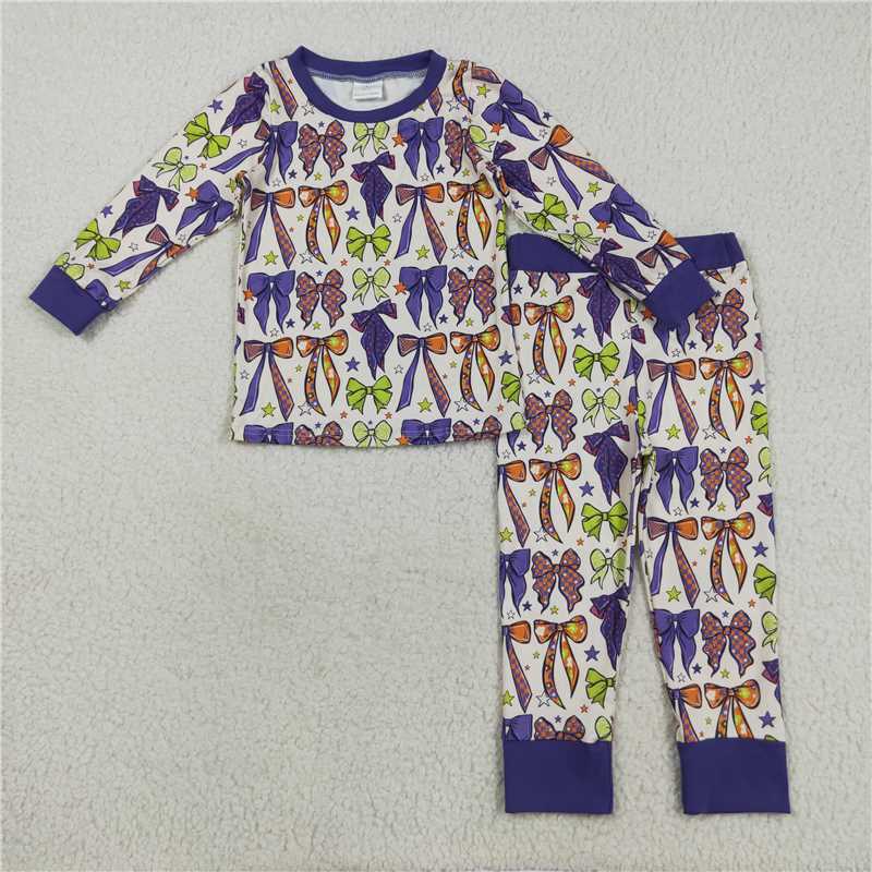11.19 RTS NO MOQ (In stock)Matching GLP2566 Baby Girls Purple Green Bows Stars Plaid Top Pant Pajamas Set