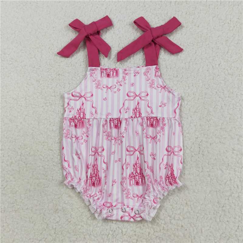 12.15 RTS NO MOQ (In stock)Matching SR3077 Baby Girls Pink Bows Strap Castles Ruffle Rompers
