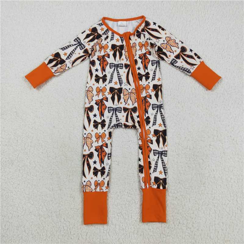 10.21 RTS NO MOQ (In stock) Matching LR2409 Baby Boys Orange Black Bows Stars Halloween Zipper Footie Rompers