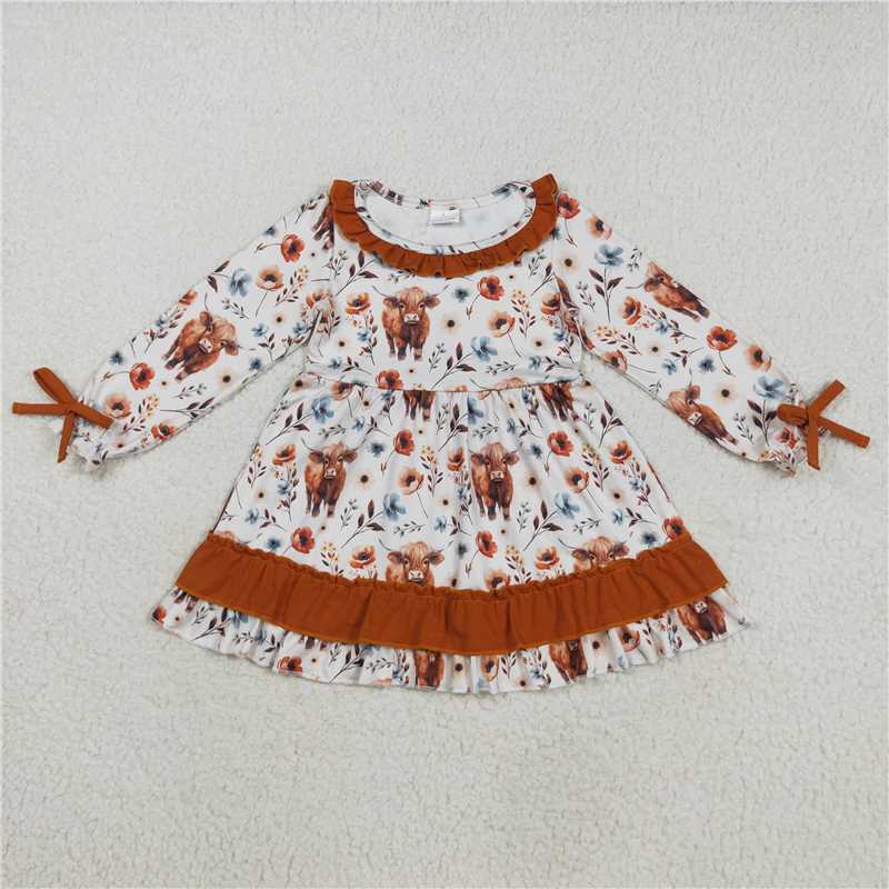 11.8 RTS NO MOQ (In stock)Matching GLD0784 Baby Girls Western Flowers Highland Cow Knee Length Dresses