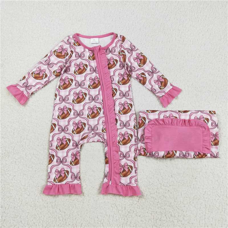 11.19 RTS NO MOQ (In stock)Matching LR2361 Baby Girls Pink Bows Footballs Ruffle Zipper Footie Rompers