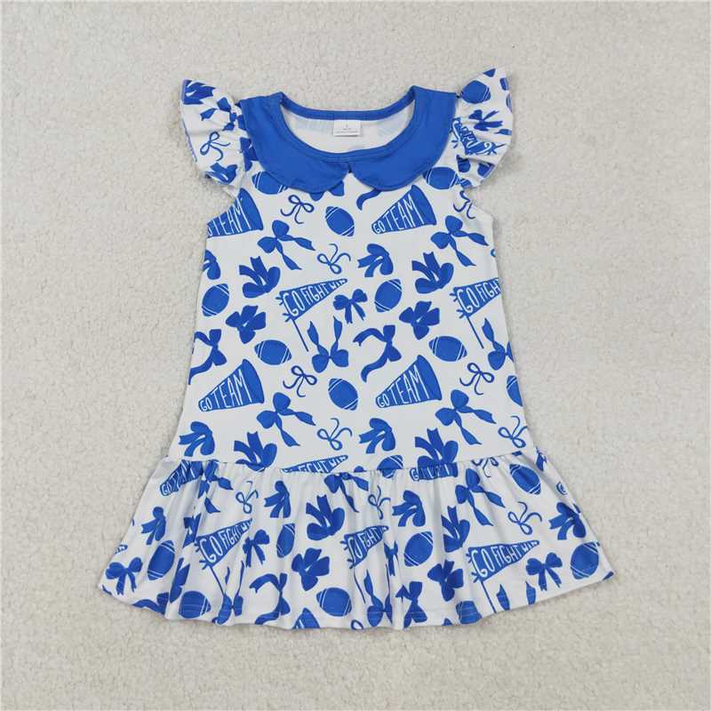 11.20 RTS NO MOQ (In stock)Matching GSD2782 Baby Girls Flutter Sleeves Blue Cheer Bows Team Knee Length Dresses