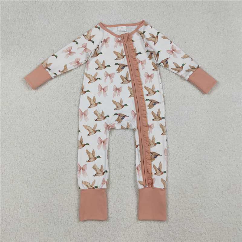 USA Warehouse (IN STOCK) LR2545 Long sleeves pink bow duck ruffle baby girls zipper romper