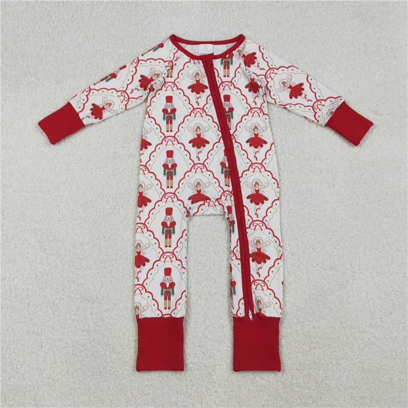 10.23 RTS NO MOQ (In stock)Matching Christmas LR2633 Baby Girls Red Bows Soldiers Checked Christmas Zipper Footie Rompers