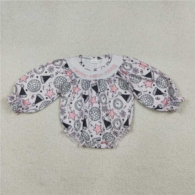 10.31 RTS NO MOQ (In stock)Matching Happy New Year LR2493 Embroidery Happy New Year Baby Girls Stars Firework Ruffle Rompers