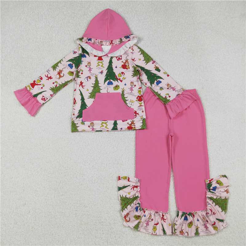 12.12 RTS NO MOQ (In stock)GLP2709 Baby Girls Grin Trees Pocket Hoodie Ruffle Pant Christmas Clothes Set