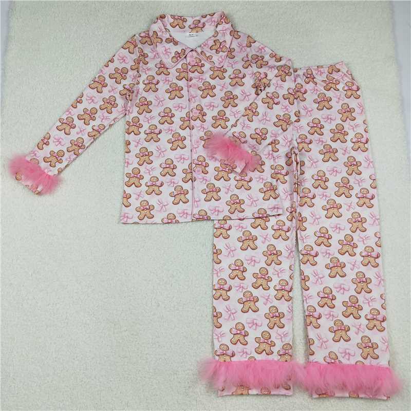 10.20 RTS NO MOQ (In stock)Matching Christmas GLP2716 Adult Women Bows Gingerbread Button Top Pants Christmas Fur Pajamas Set
