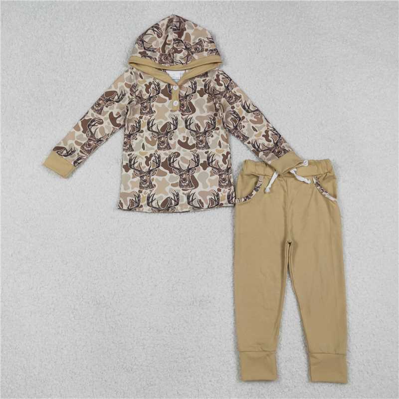 10.30 RTS NO MOQ (In stock)Matching BLP1239 Baby Boys Khaki Camo Deer Button Hoodies Pockets Leggings Hunting Clothes Set
