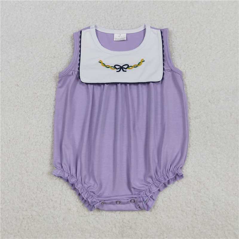 11.8 RTS NO MOQ (In stock)Matching Mardigrass SR3235 Embroidery Bows Baby Girls Sleeveless Mardigrass Ruffle Rompers