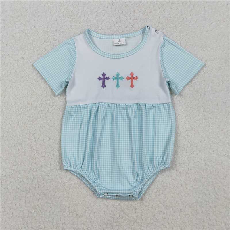 12.26 RTS NO MOQ (In stock)SR3215 Embroidery Crosses Baby Boys Blue Checked Short Sleeve Easter Rompers