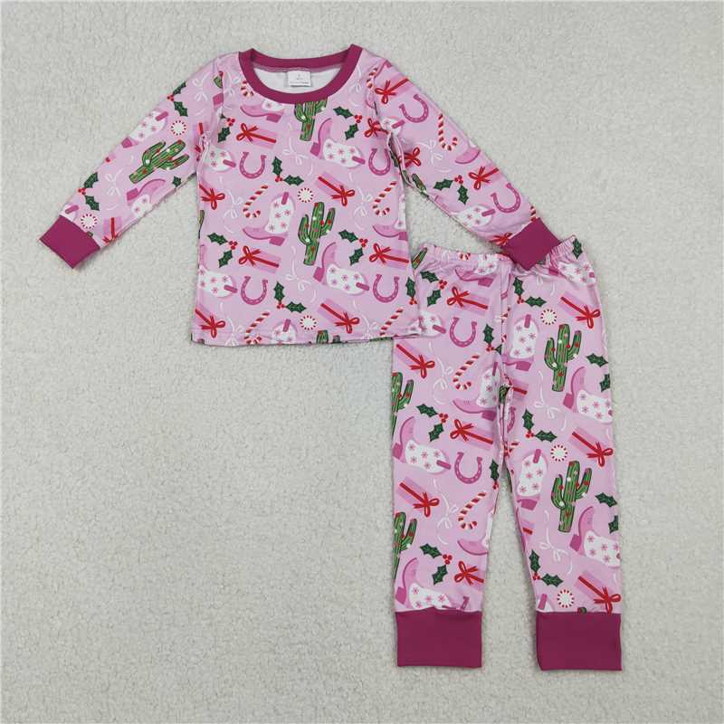 12.5 RTS NO MOQ (In stock)Matching Christmas GLP1783 Baby Girls Christmas Western Boots Cactus Pajamas Clothes Sets