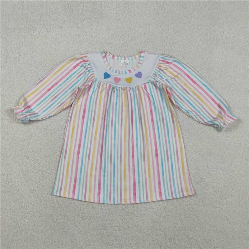 12.15 RTS NO MOQ (In stock)GLD1335 Embroidery Hearts Baby Girls Colorful Stripes Valentine Knee Length Dresses