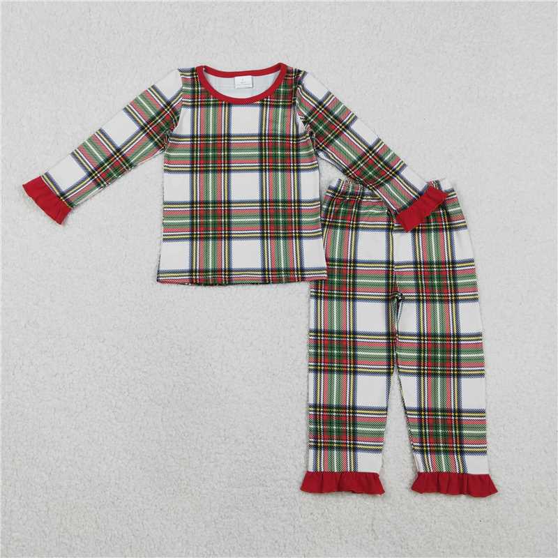 12.4 RTS NO MOQ (In stock)GLP2829 Baby Girls Green Red Checked Top Ruffle Pants Christmas Pajamas Sets