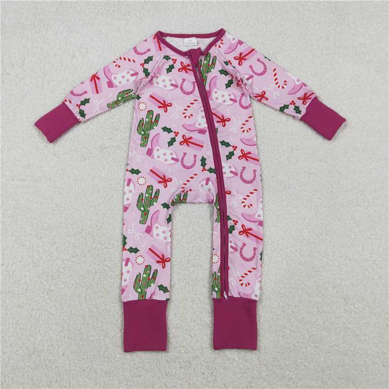 12.5 RTS NO MOQ (In stock)Matching Christmas LR1742 Baby Girls Western Boots Christmas Two Way Zip Convertible Rompers