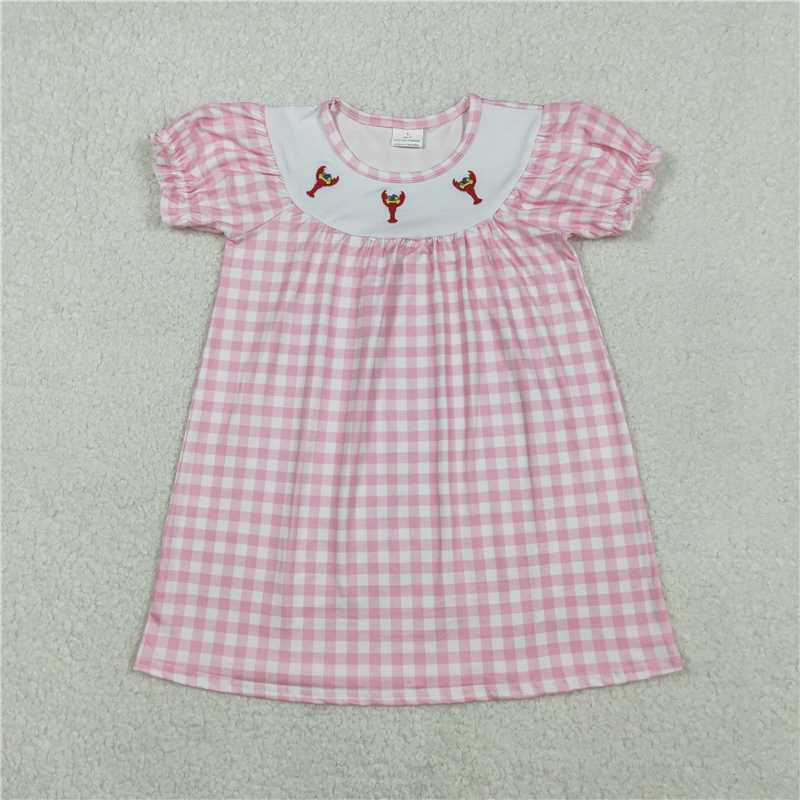12.17 RTS NO MOQ (In stock)GSD2853 Embroidery Crayfishes Baby Girls Pink Checked Knee Length Dresses
