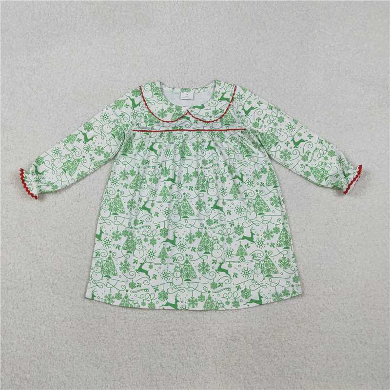 11.19 RTS NO MOQ (In stock)GLD1345 Baby Girls Green Deer Snowmen Christmas Knee Length Dresses
