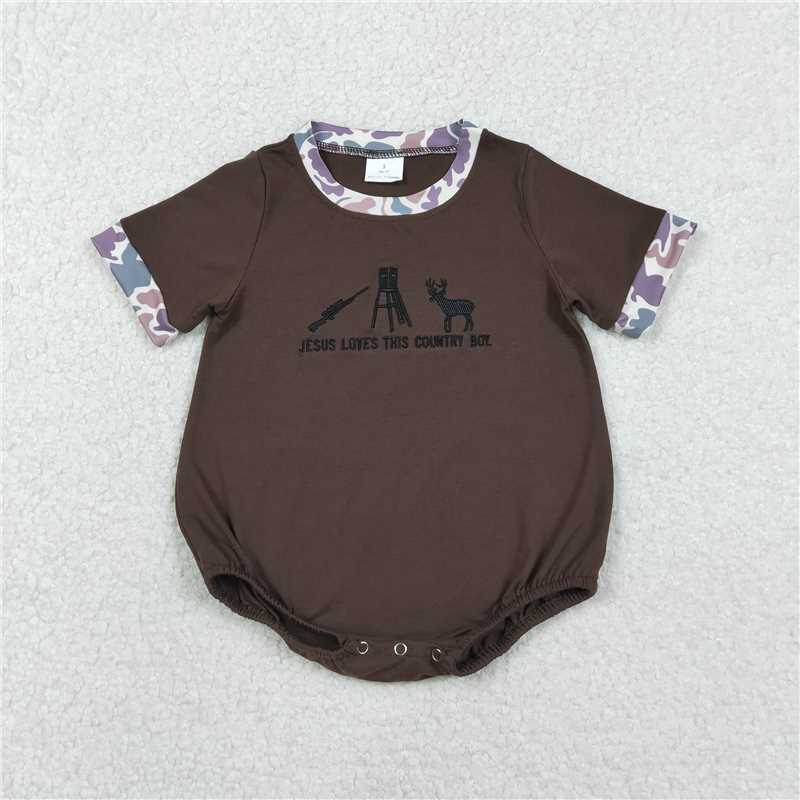 12.27 RTS NO MOQ (In stock)Matching SR3280 Embroidery Jesus Love Me Deer Baby Boys Hunting Rompers