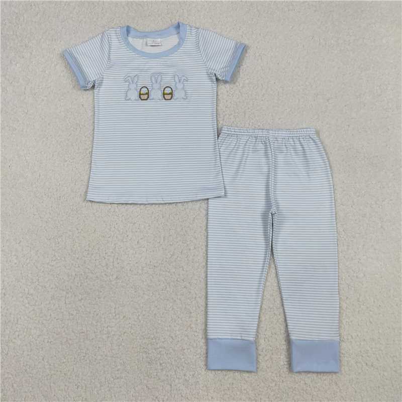 12.27 RTS NO MOQ (In stock)Matching Easter BSPO0610 Embroidery Rabbits Eggs Baby Boys Blue Stripe Top Pants Easter Pajamas Sets