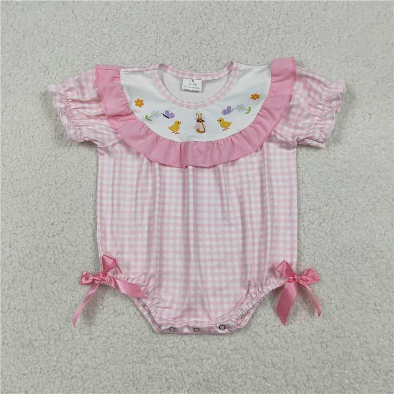 12.24 RTS NO MOQ (In stock)SR3565 Baby Girls Pink Checked Rabbits Chicks Easter Ruffle Rompers